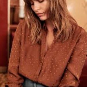 SÉZANE Ann 100% silk shirt brown polka dot button down long sleeve SIZE SMALL